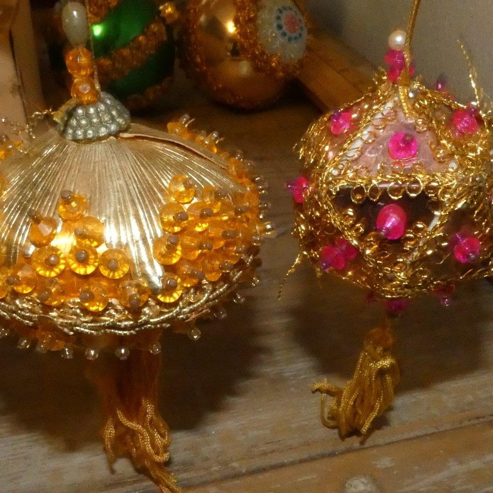 Vintage 60's Handmade Sequence Beaded Ornaments, Beaded Straight Pin Ornaments